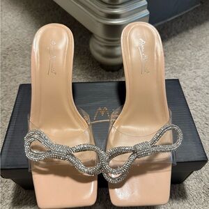 Anne Michelle Nude Clear Strap Mules with Crystal Bow
